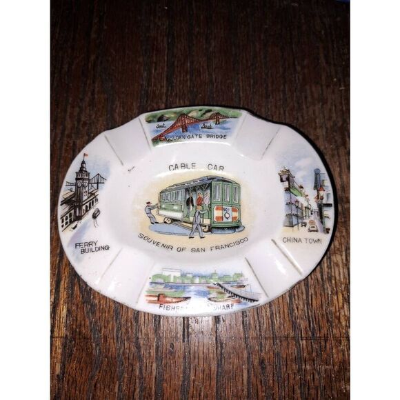 Vintage San Francisco Cable Car China Town Golden Gate Oval Ceramic Ashtray - Picture 1 of 5